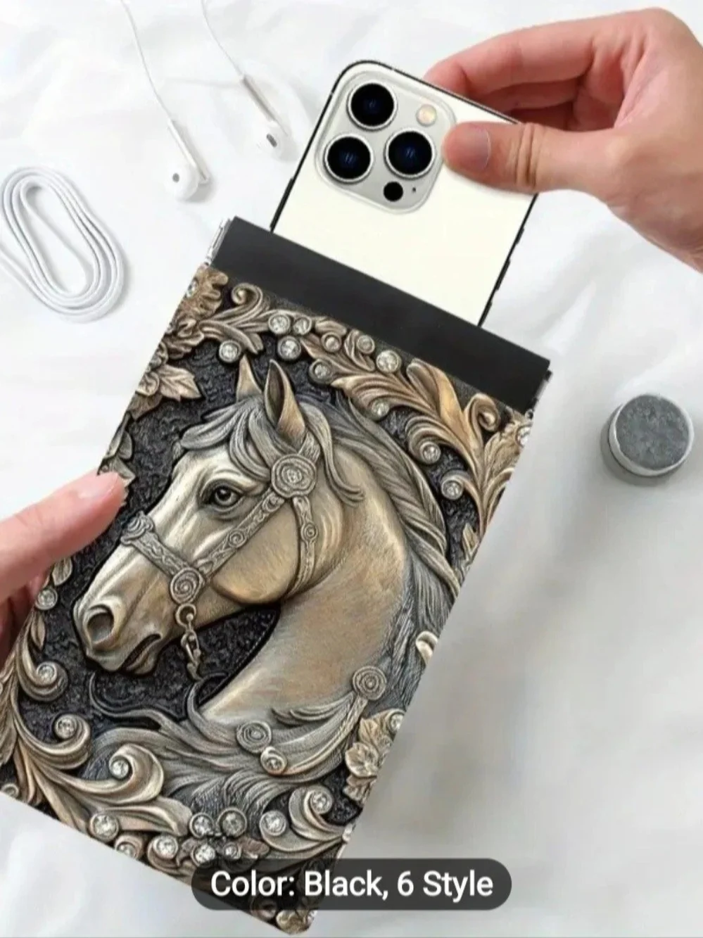 Elequent Equestrian Embossed Relief Horse Head Pocket Pouch For Phone/Cards Etc.